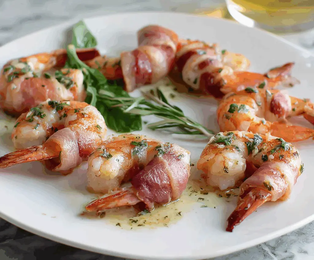 Delicious prosciutto-wrapped shrimp appetizer garnished with herbs, perfect for parties.
