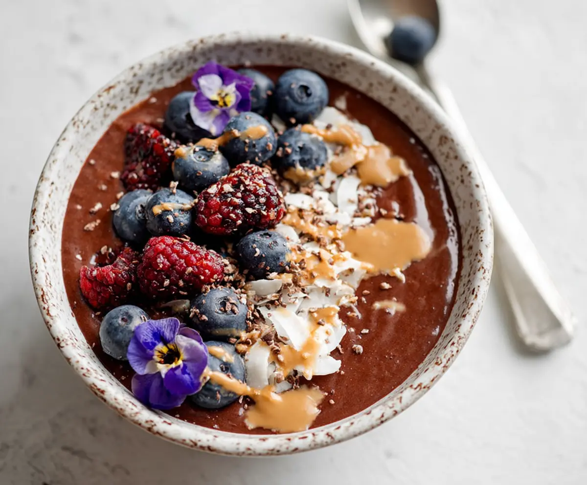 Delicious protein smoothie bowl topped with fresh fruits and nuts, healthy breakfast option.