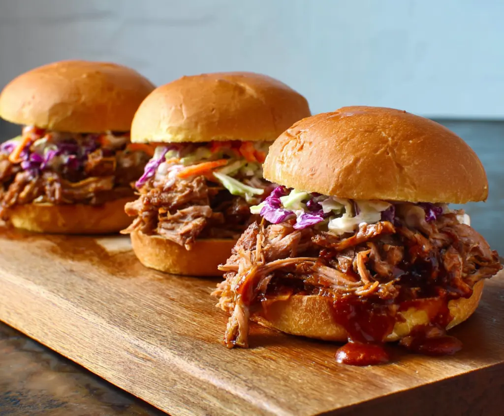 Delicious pulled pork sandwiches with crispy buns and savory barbecue sauce.