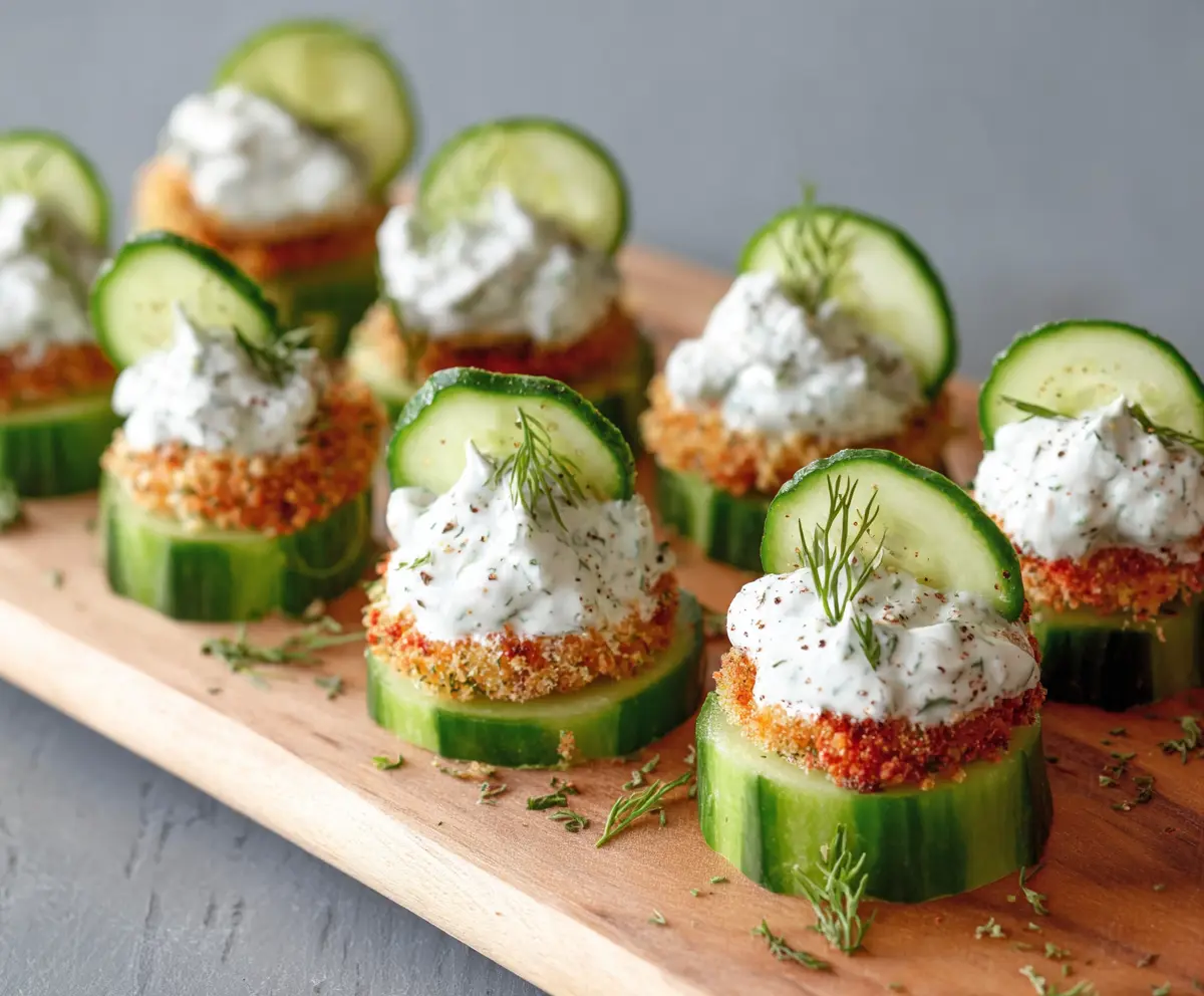 Delicious Ranch Cucumber Bites garnished with herbs for a fresh snack or appetizer.