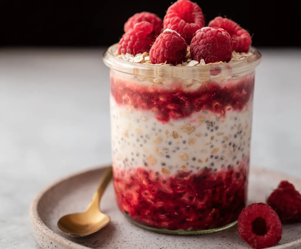 Creamy raspberry overnight oats in a glass jar topped with fresh raspberries and chia seeds