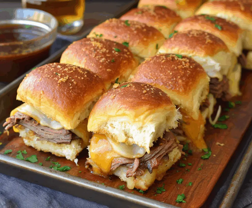 Delicious roast beef and cheddar sliders on a plate, perfect for a tasty appetizer or snack.