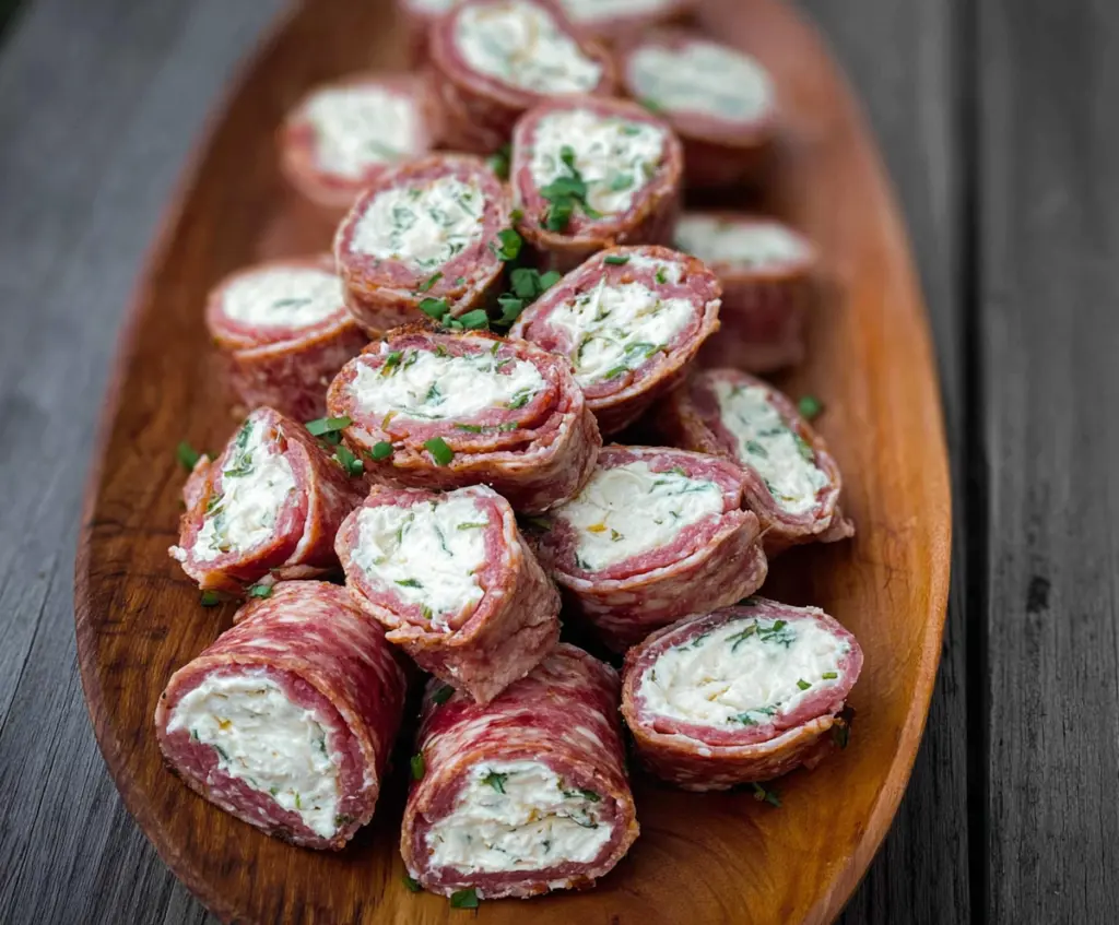 Salami and cream cheese roll ups with fresh herbs on a platter, perfect for appetizers.
