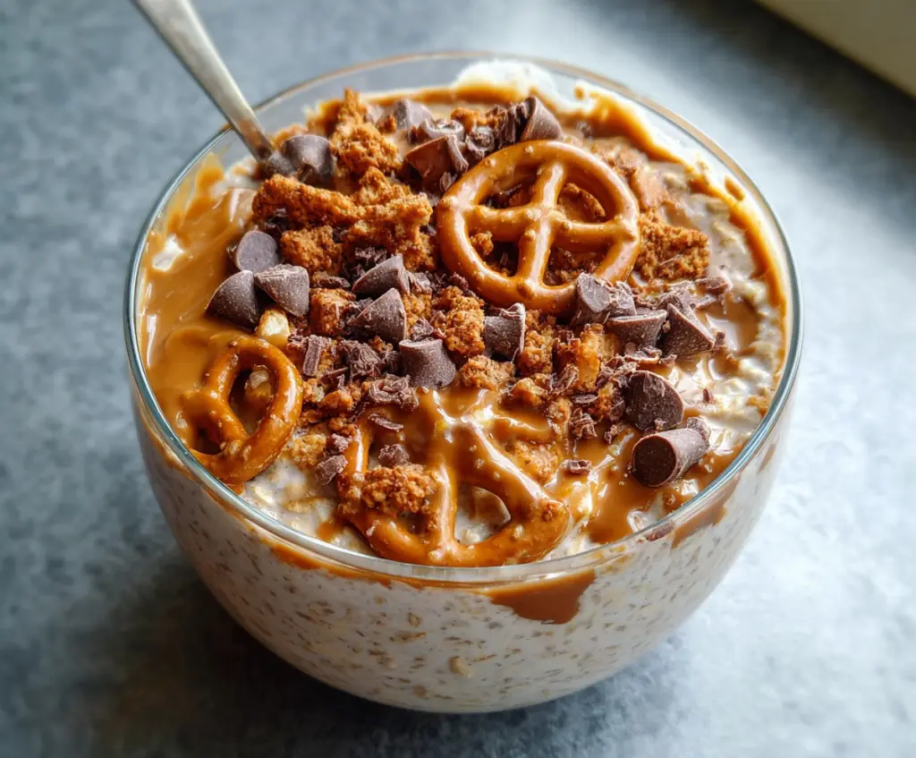Creamy salted caramel pretzel overnight oats served in a glass jar, topped with crushed pretzels and a drizzle of caramel sauce.