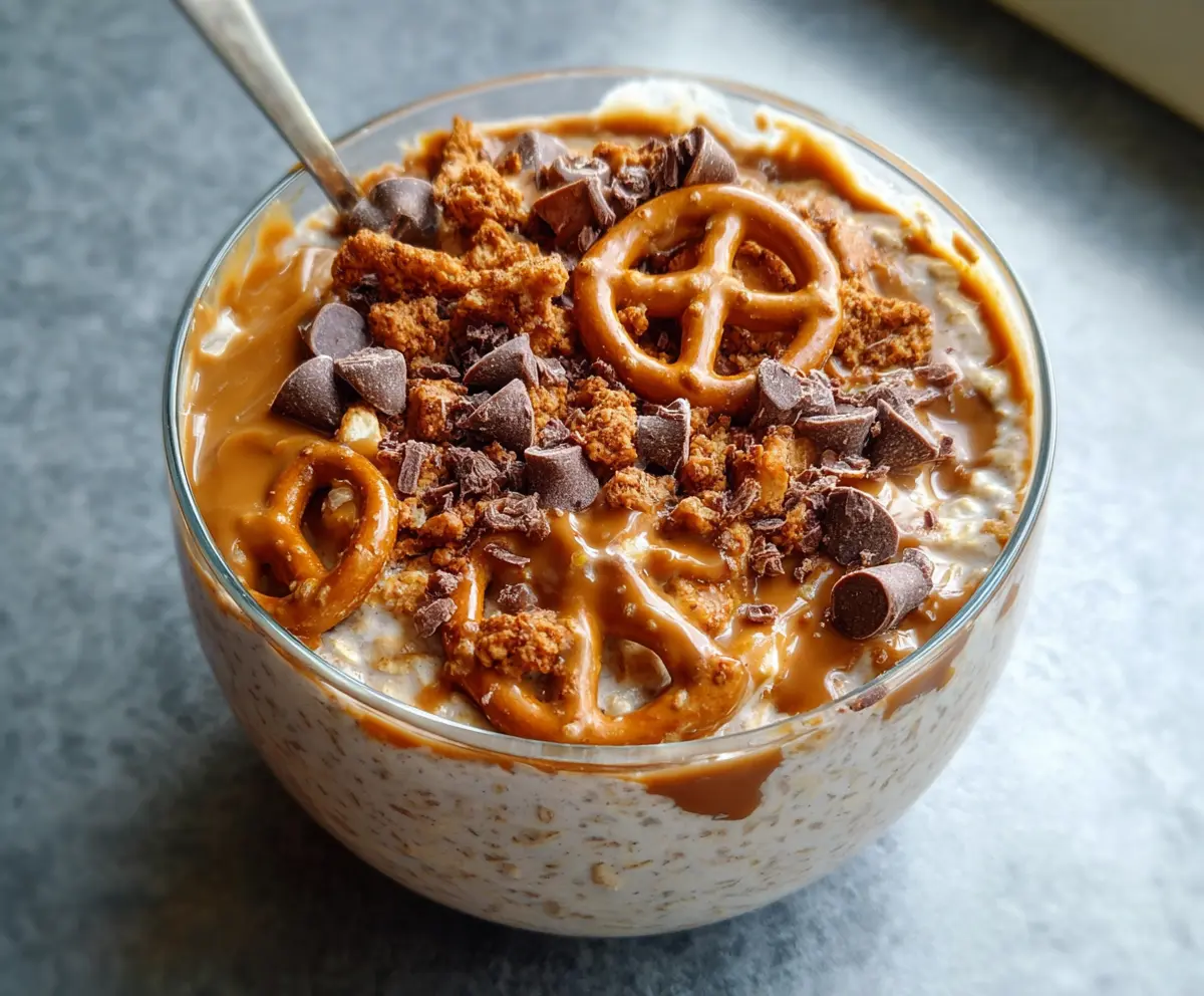 Creamy salted caramel pretzel overnight oats served in a glass jar, topped with crushed pretzels and a drizzle of caramel sauce.