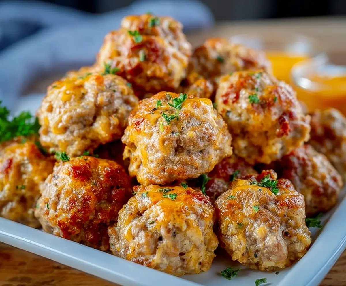 Delicious sausage balls made with savory sausage and cheesy bread crumbs, perfect for appetizers.