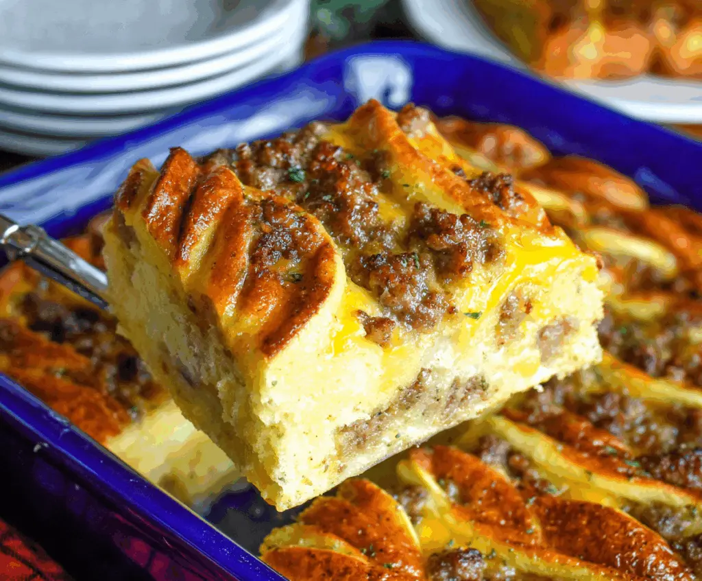 Delicious sausage pancake breakfast casserole with golden-brown top served in a baking dish.