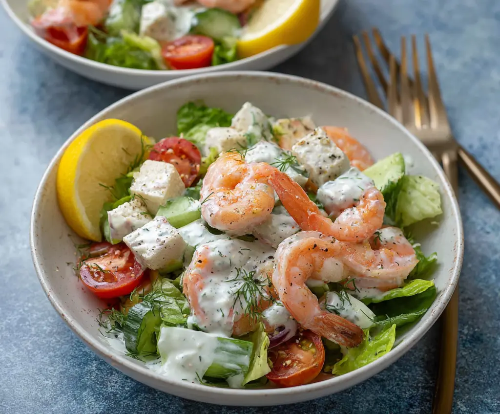 Fresh shrimp salad with creamy yogurt dressing and crisp vegetables on a white plate.