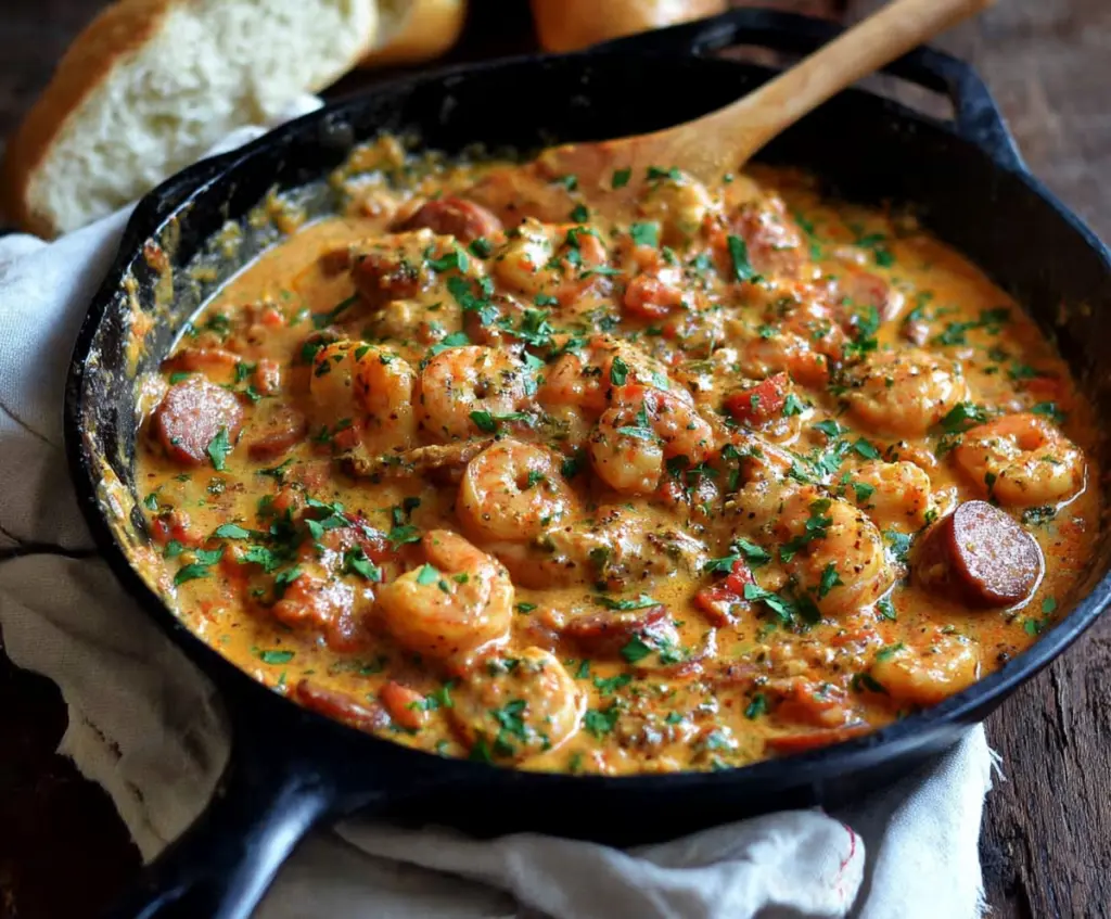 Delicious smothered shrimp and sausage dish served on a plate with vibrant garnish