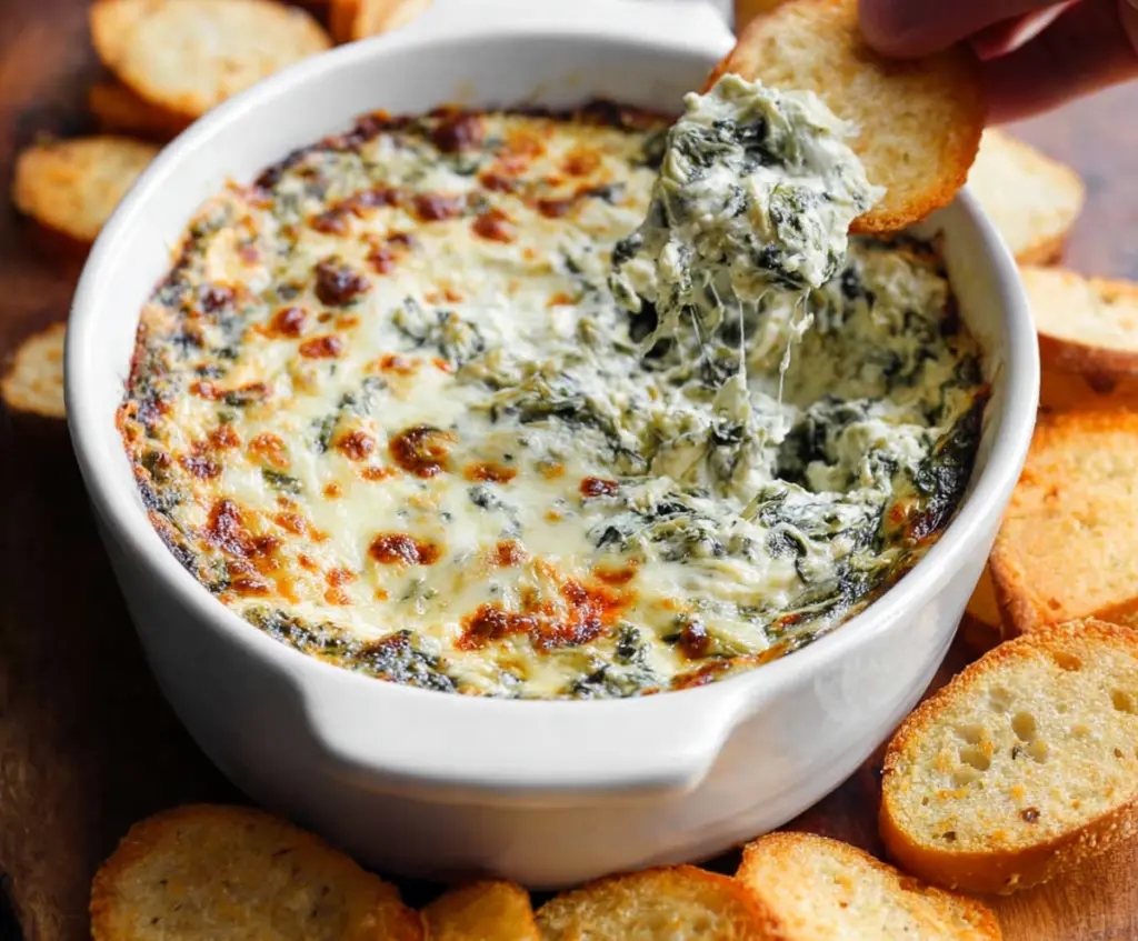 Creamy spinach and artichoke dip served with crackers, perfect for parties.