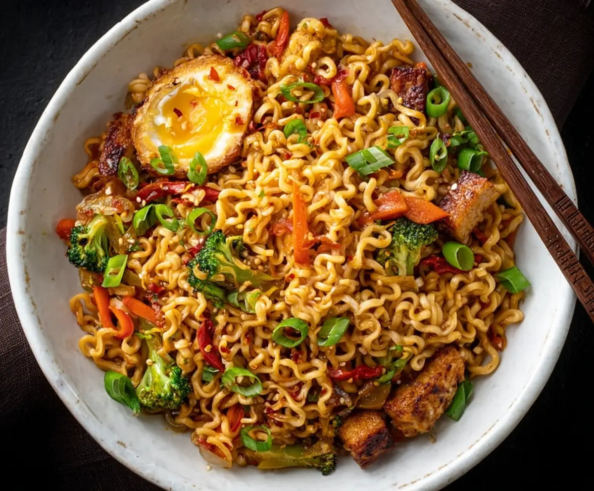 Delicious stir fry ramen noodles with colorful vegetables and savory sauce
