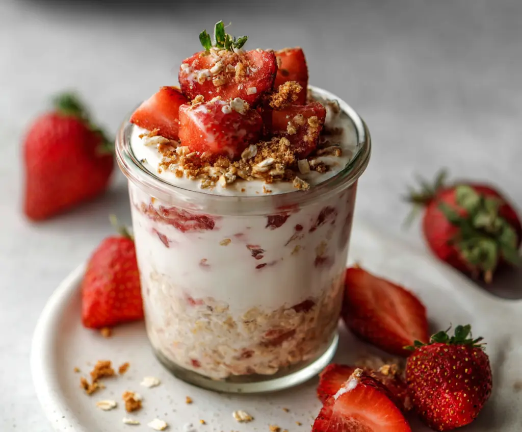 Delicious Strawberry Cheesecake Overnight Oats in a bowl topped with fresh strawberries and graham cracker crumbs.
