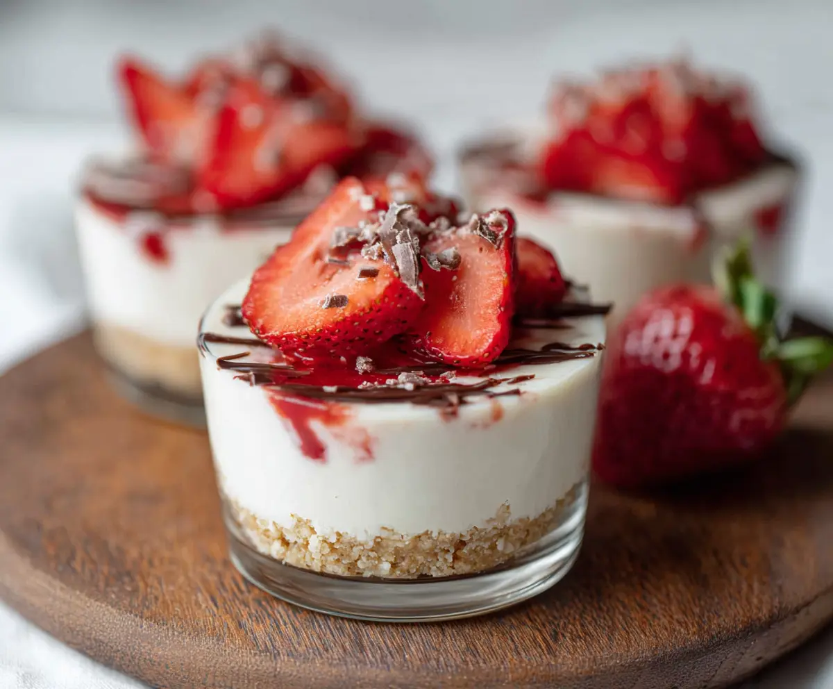 Delicious Strawberry Cheesecake Protein Cups with fresh strawberries and creamy cheesecake topping.