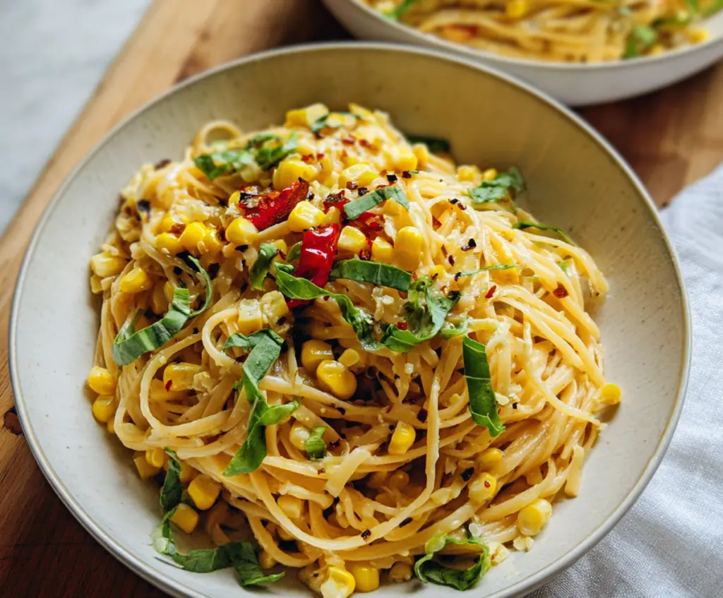 Delicious sweet corn pasta dish garnished with herbs on a plate