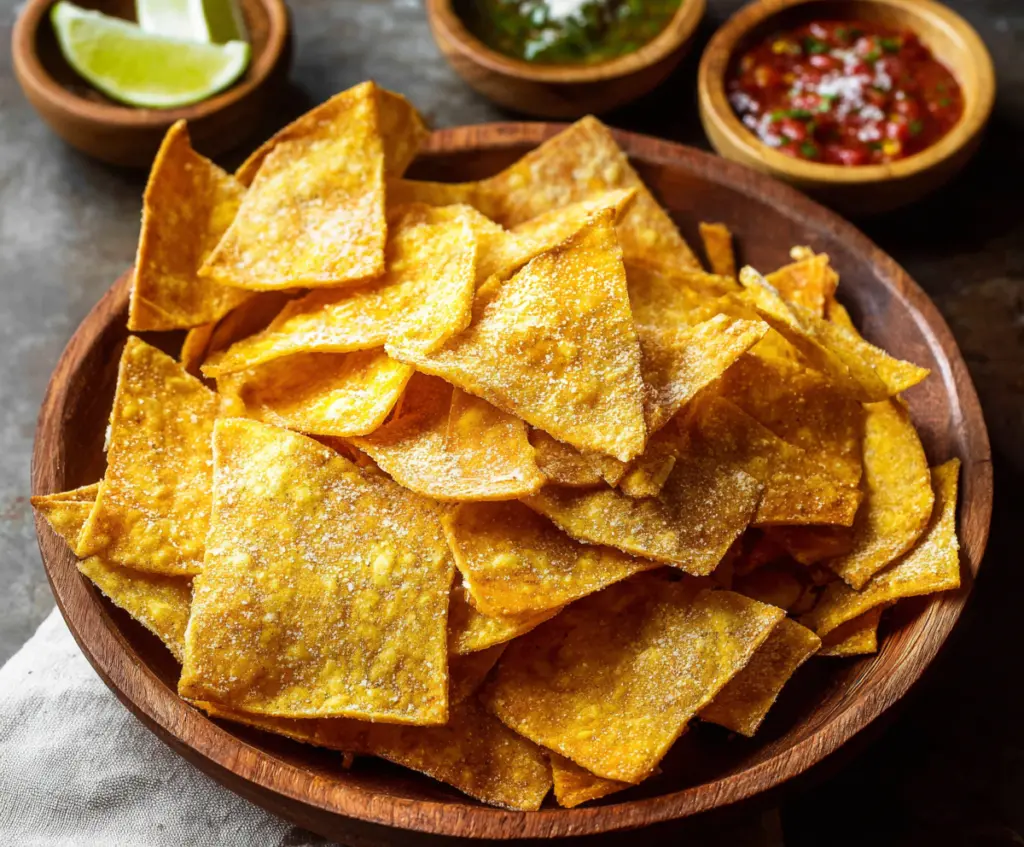 Crispy homemade tortilla chips served with salsa and guacamole on a wooden platter.
