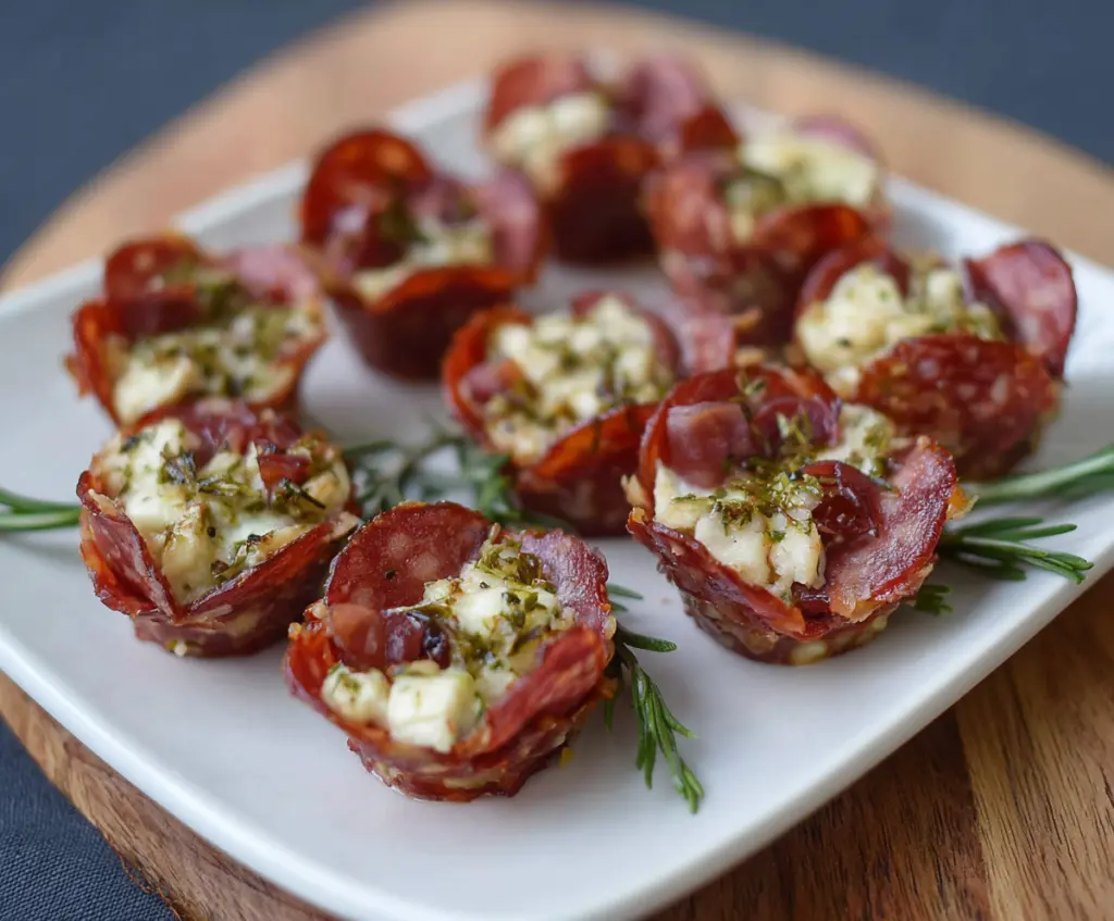 Delicious 3 Ingredient Boursin Cheese Salami Cups served as appetizers for parties.