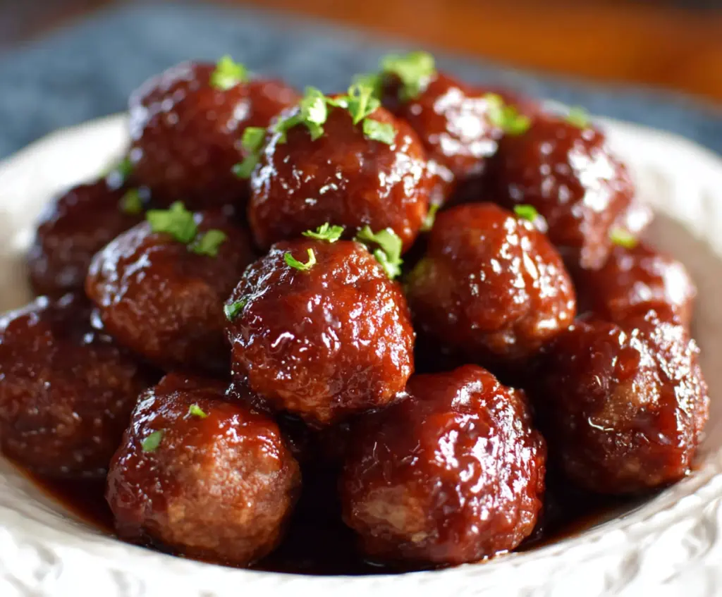 Delicious 3 Ingredient Crockpot BBQ Meatballs served in a bowl, perfect for quick snacks or meal prep.