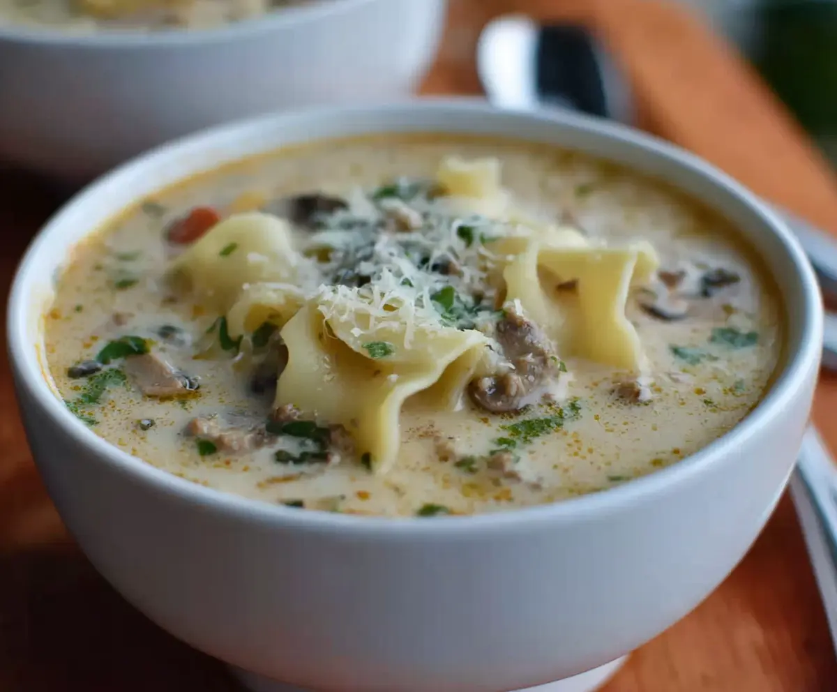 Creamy Alfredo Lasagna Soup in a bowl topped with melted cheese and fresh herbs