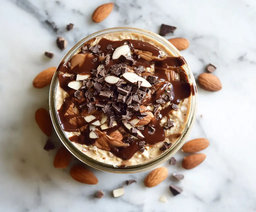 Creamy almond and dark chocolate overnight oats in a glass jar topped with almonds and chocolate shavings.