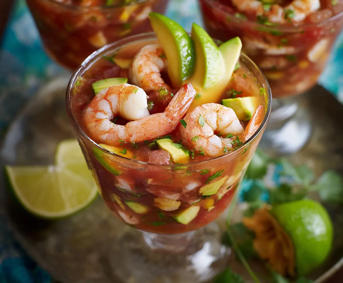 Delicious authentic Mexican shrimp cocktail served in a glass bowl with lime and fresh ingredients