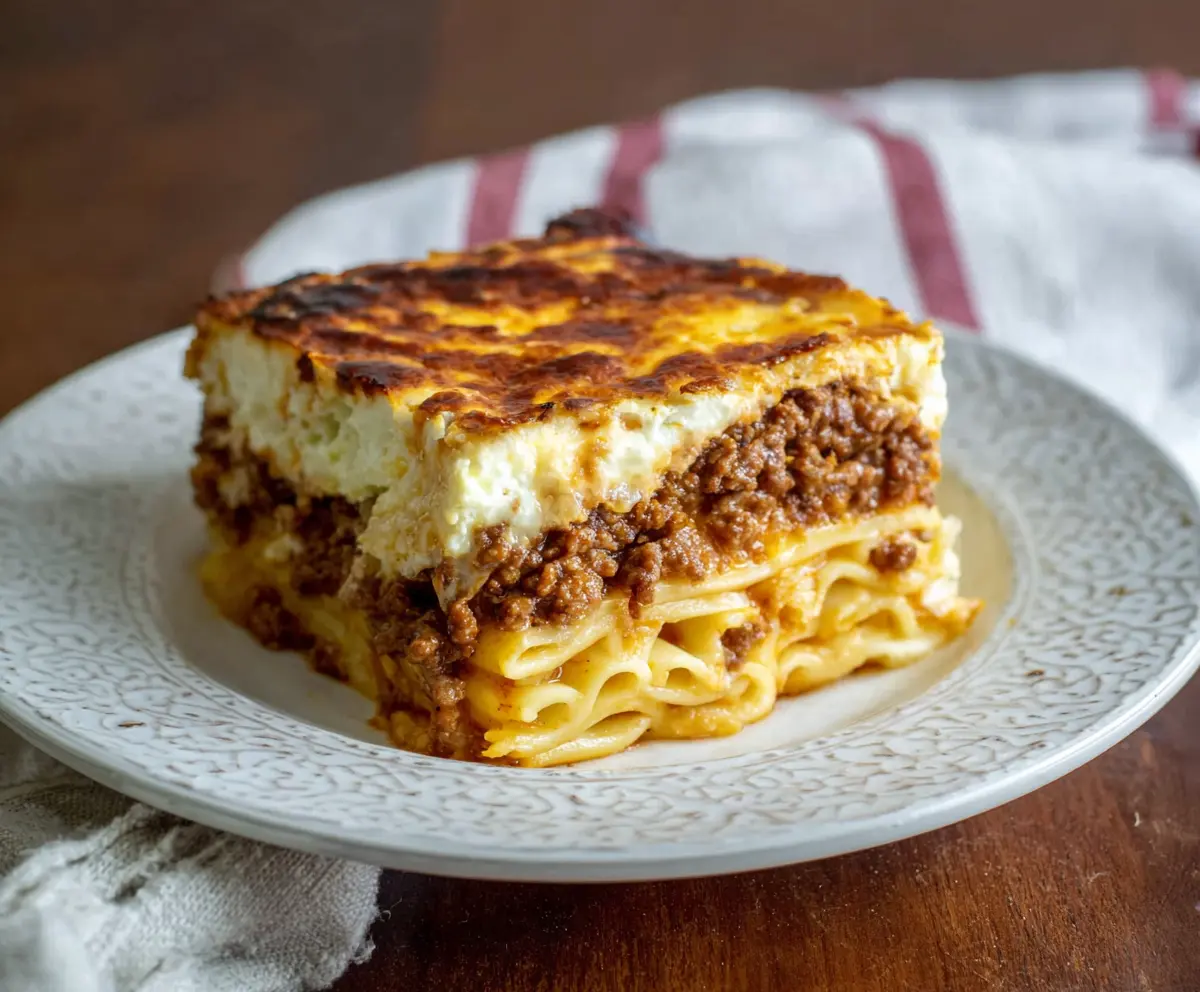 Close-up of Authentic Pastitsio Greek Lasagna with layered pasta, rich meat sauce, and bechamel topping.