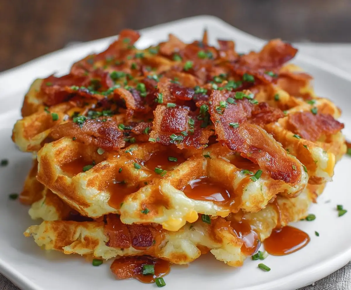 Crisy bacon and melted cheese loaded hash brown waffles served on a plate.