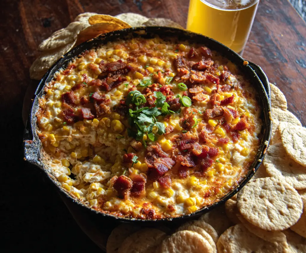 Delicious Bacon Bliss Hot Corn Dip served in a bowl with crispy bacon and melted cheese on top.