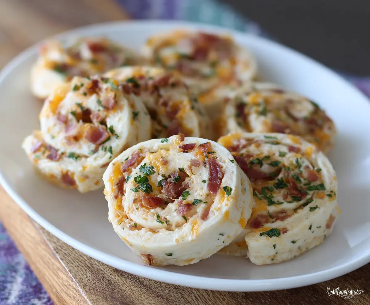 Delicious bacon and cheddar ranch pinwheels sliced on a plate, perfect for appetizers