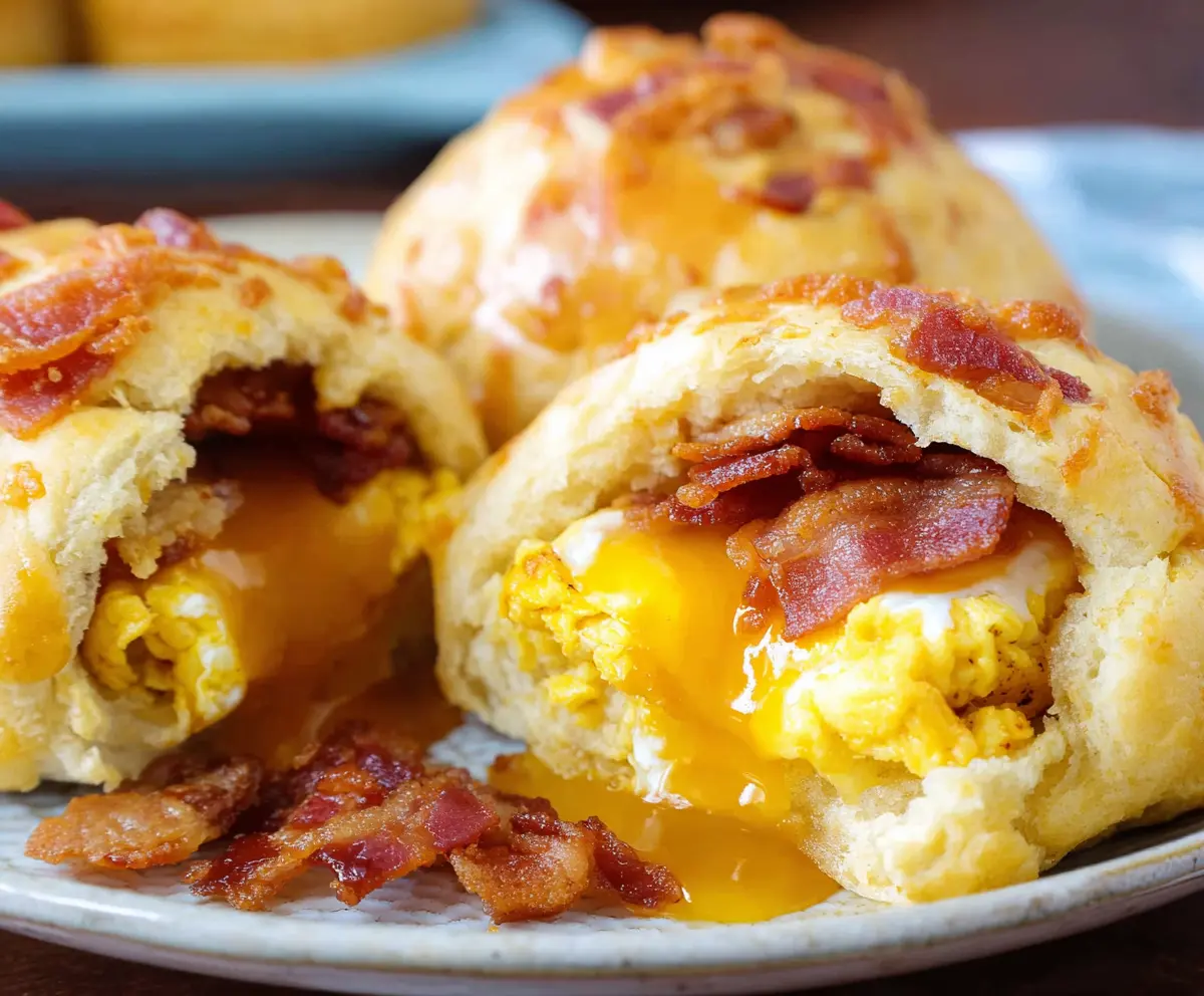 Delicious Bacon Egg Breakfast Biscuit Bombs with crispy bacon, scrambled eggs, and flaky biscuits.