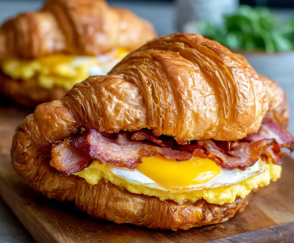 Delicious bacon egg croissant sandwich on a plate with fresh ingredients