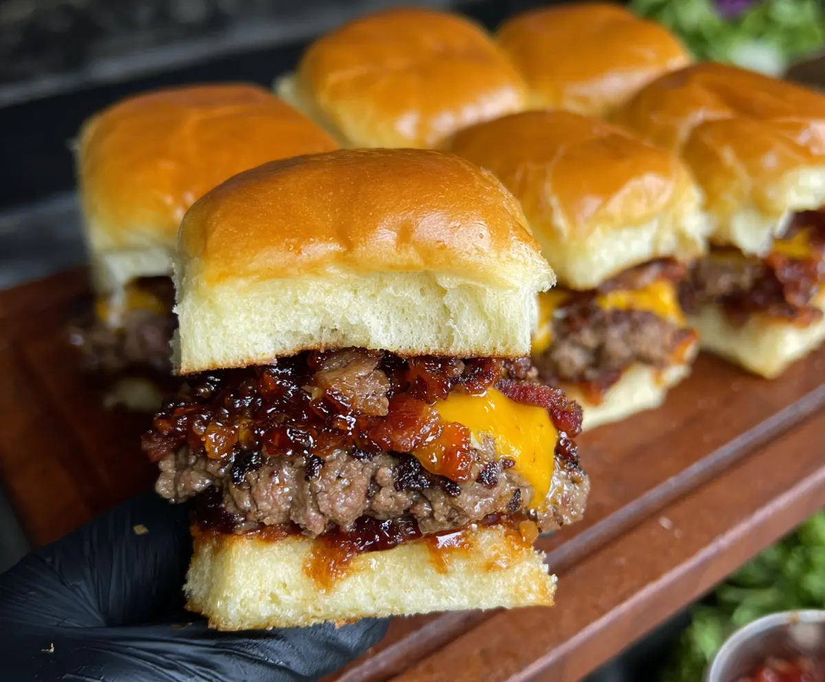 Delicious Bacon Jam Cheeseburger Sliders with melted cheese and crispy bacon on mini burger buns.