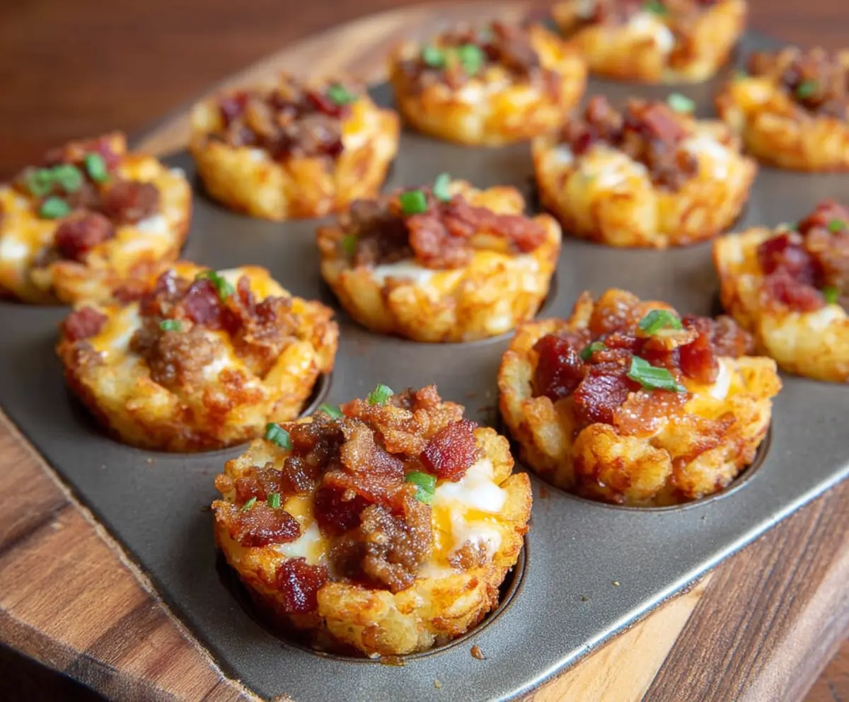 Crispy bacon-topped tater tot cups served as savory appetizer or snack.