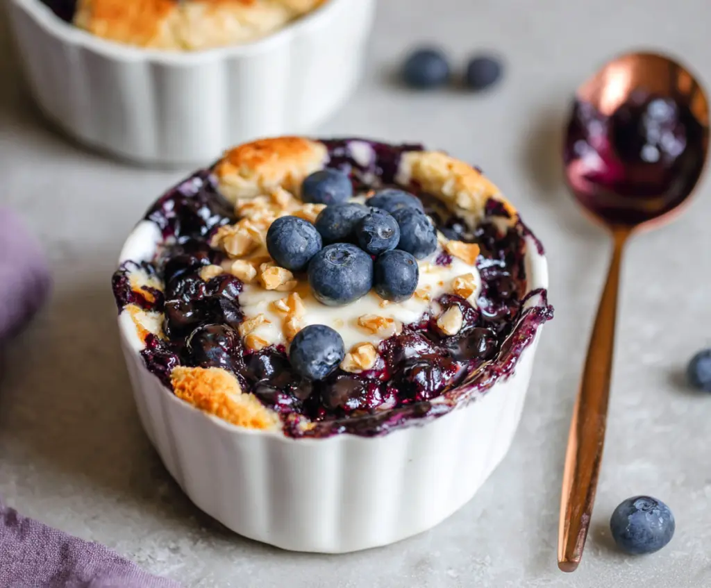 Baked blueberry cottage cheese breakfast bowls served in a bowl with fresh blueberries and a sprinkle of honey.