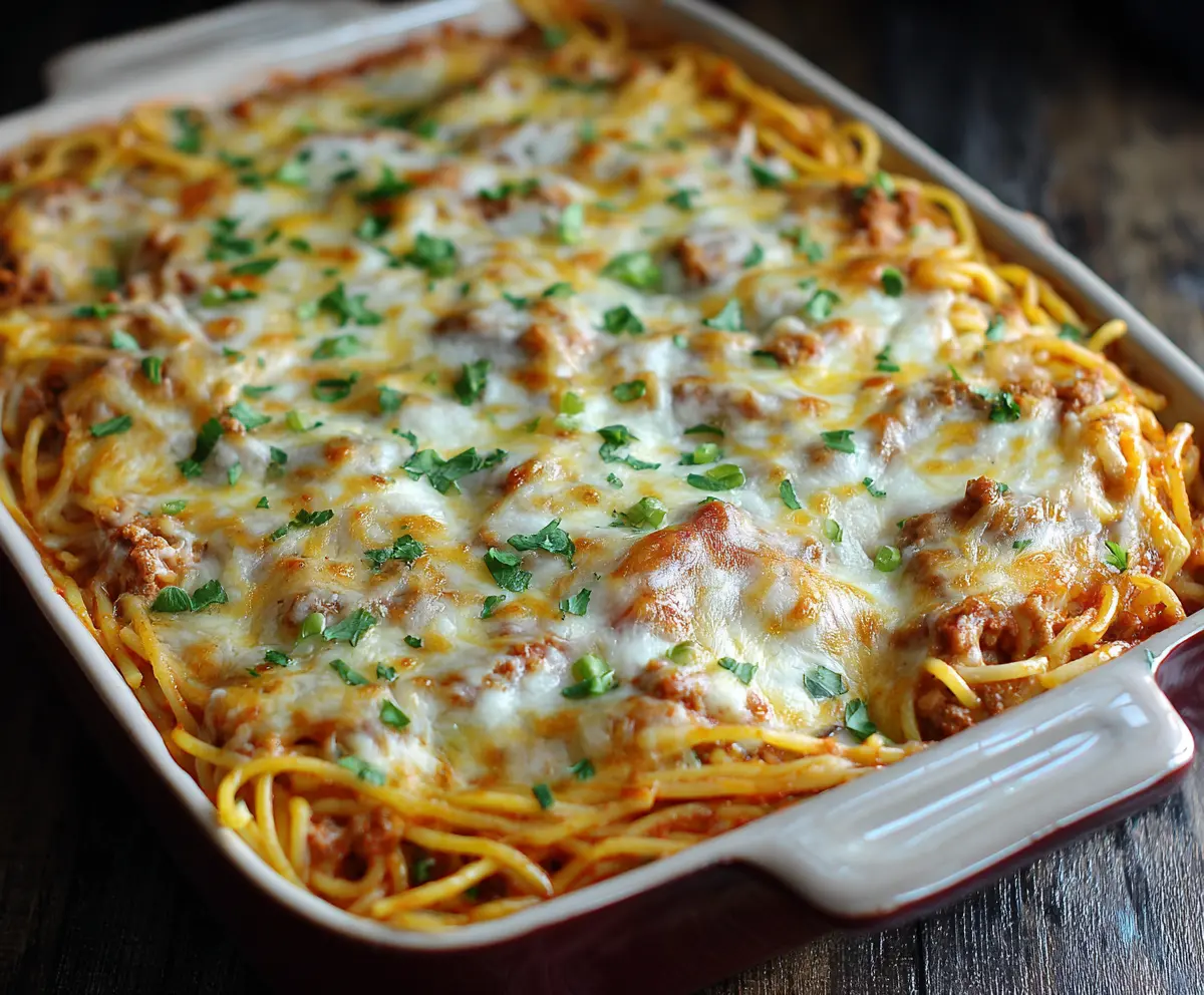 Delicious baked cream cheese spaghetti casserole with gooey cheese topping and flavorful pasta.