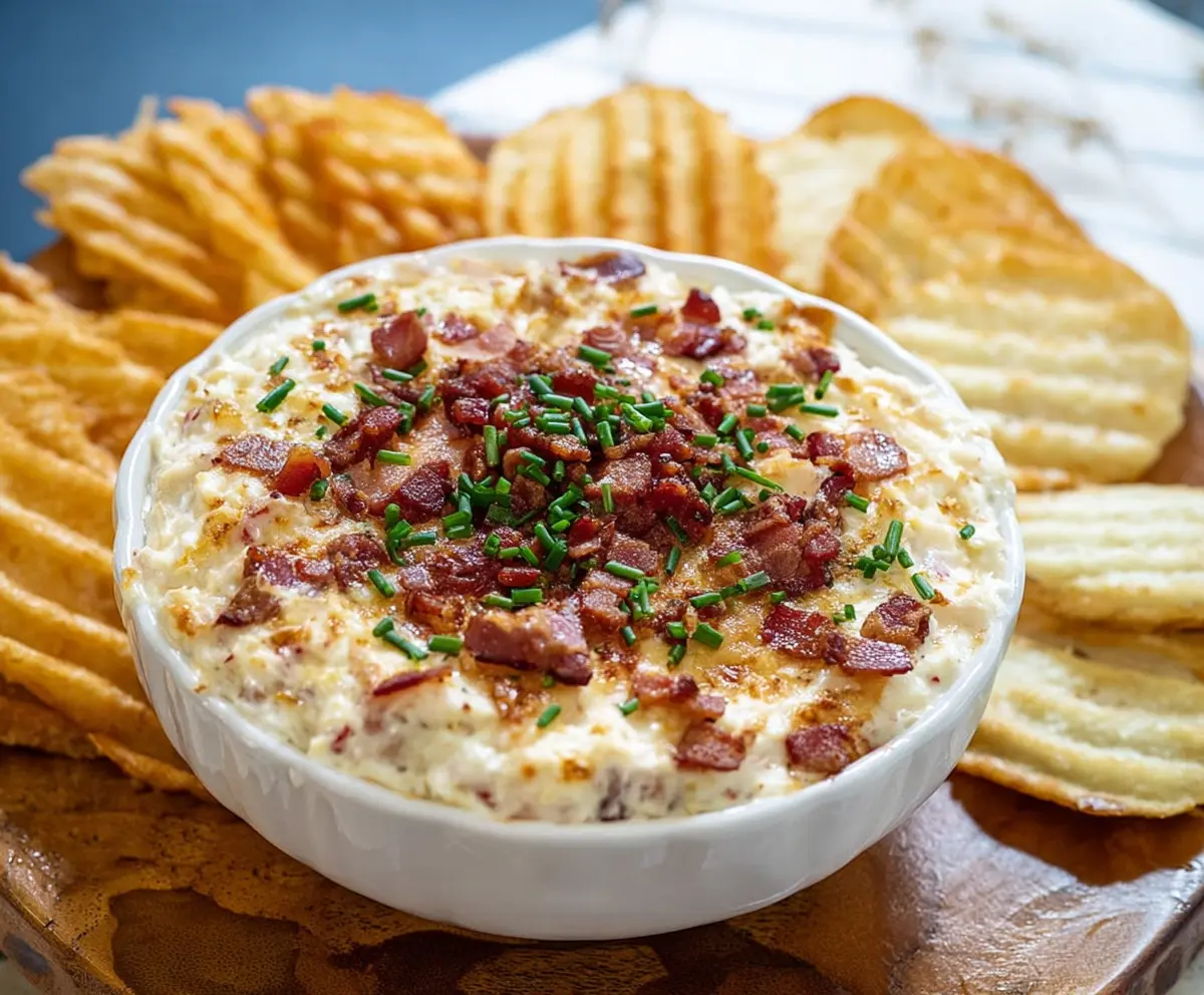 Delicious baked potato dip garnished with chopped green onions and served in a white bowl.