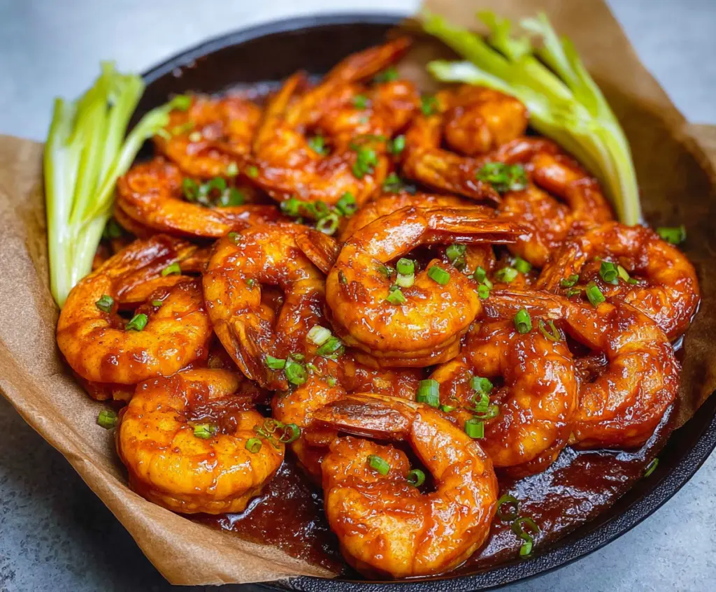 Juicy grilled barbecue shrimp served with fresh lemon and herbs on a platter.