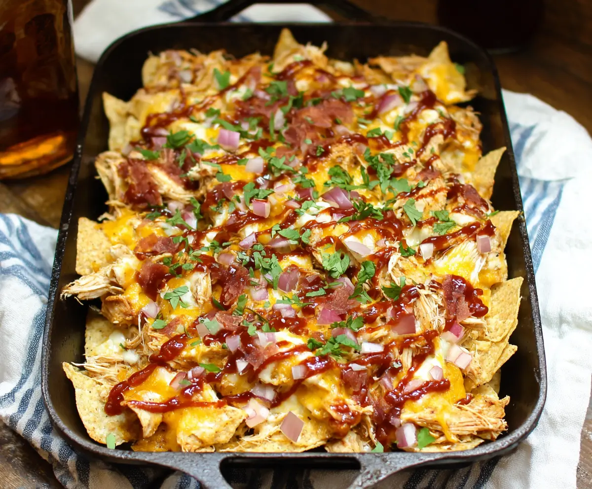 Delicious BBQ Chicken Nachos topped with melted cheese, fresh cilantro, and spicy jalapenos.