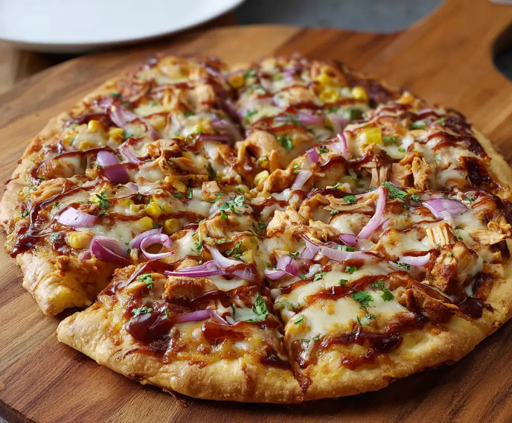 Delicious BBQ Chicken Pizza topped with melted cheese and fresh herbs
