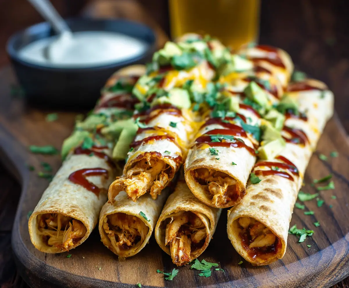Delicious homemade BBQ Chicken Taquitos crispy and golden served with dipping sauce