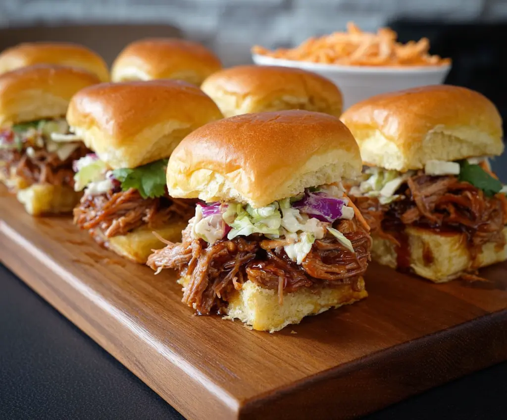Delicious BBQ pulled pork sliders served on soft Hawaiian rolls, perfect for gatherings.