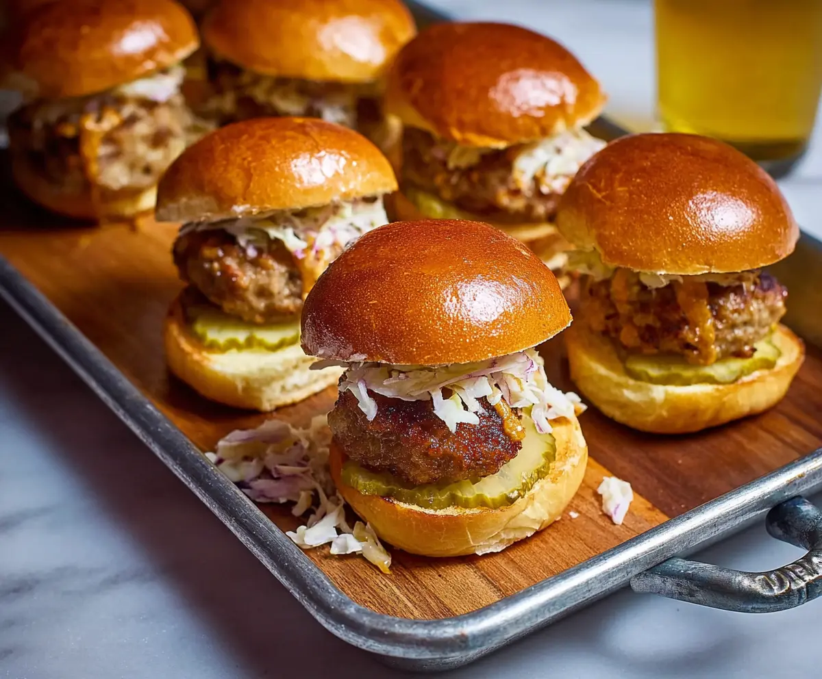 Delicious Beer Brat Sliders with toasted buns, melted cheese, and savory bratwurst slices for a flavorful appetizer.