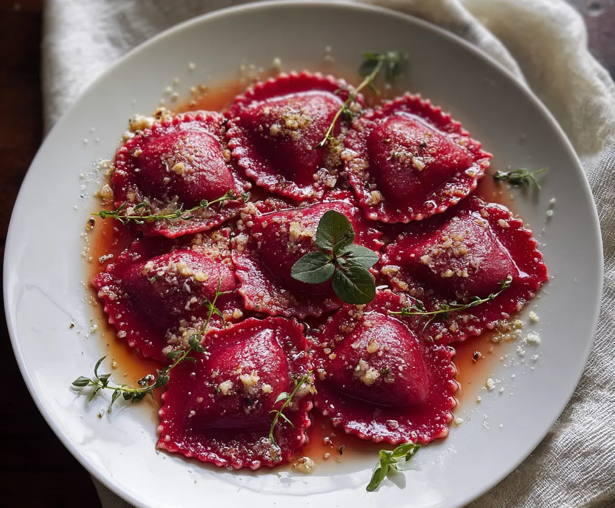 Delicious beet heart ravioli with vibrant red color and fresh ingredients on a rustic wooden background.