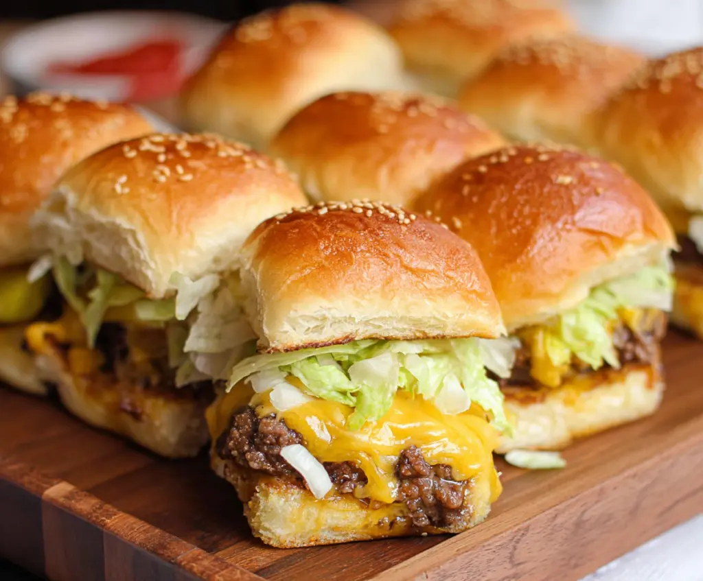 Delicious Big Mac Cheeseburger Sliders arranged on a platter with sesame seed buns, lettuce, cheese, and beef patties.
