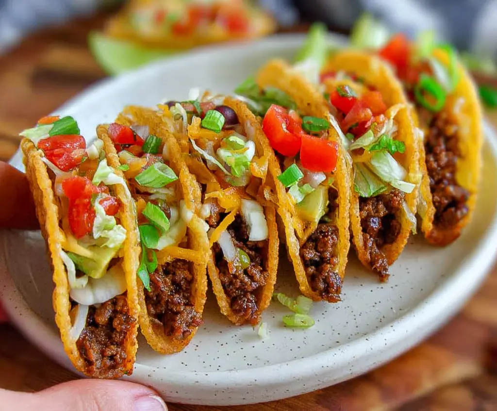 Delicious bite-sized mini tacos filled with seasoned meat and fresh toppings on a platter.