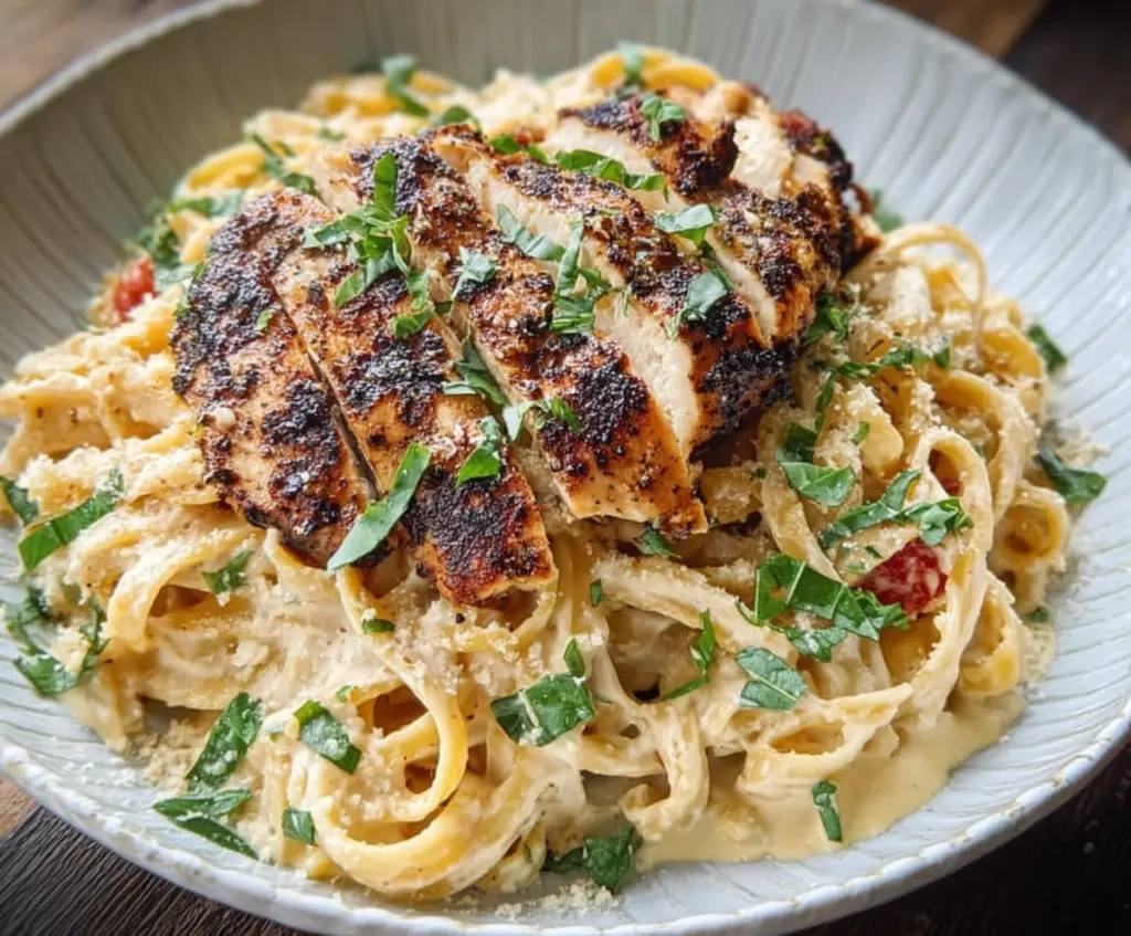 Creamy Alfredo pasta with spicy blackened chicken slices on top.