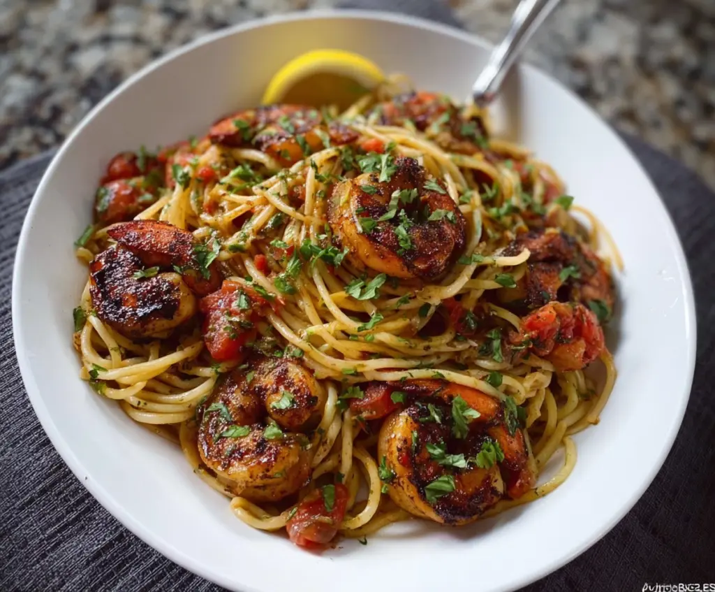 Delicious blackened shrimp pasta with spiced shrimp and creamy sauce on a rustic plate