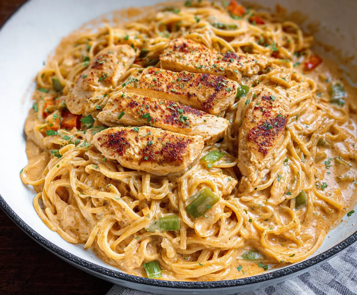 Delicious Cajun Chicken Spaghetti topped with colorful vegetables and herbs