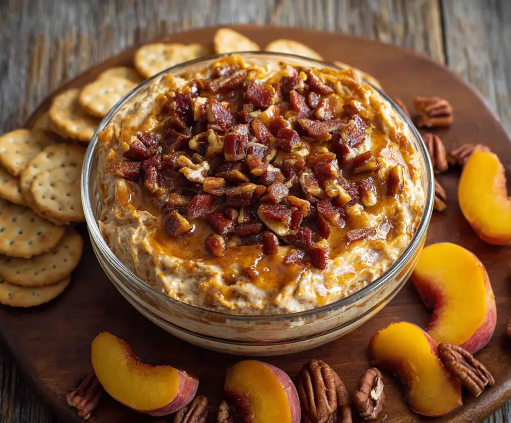 Creamy Bourbon Peach Pecan Dip served with fresh fruit and crackers, perfect for parties.