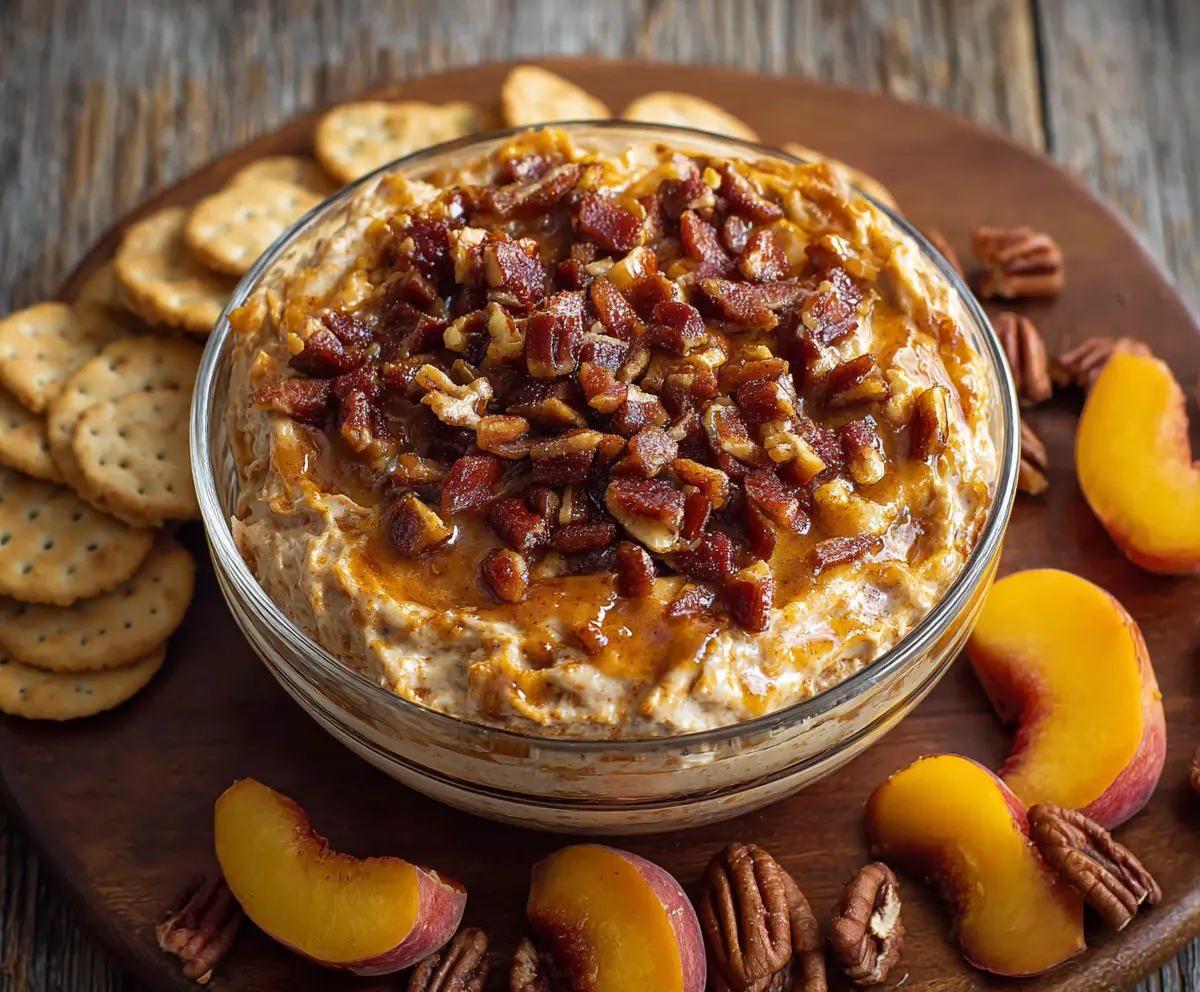 Creamy Bourbon Peach Pecan Dip served with fresh fruit and crackers, perfect for parties.