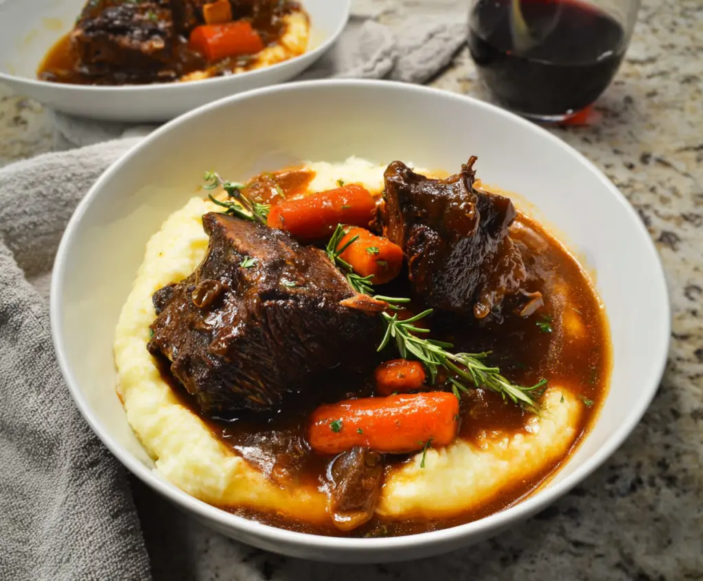 Delicious braised short ribs served with rich gravy and fresh herbs